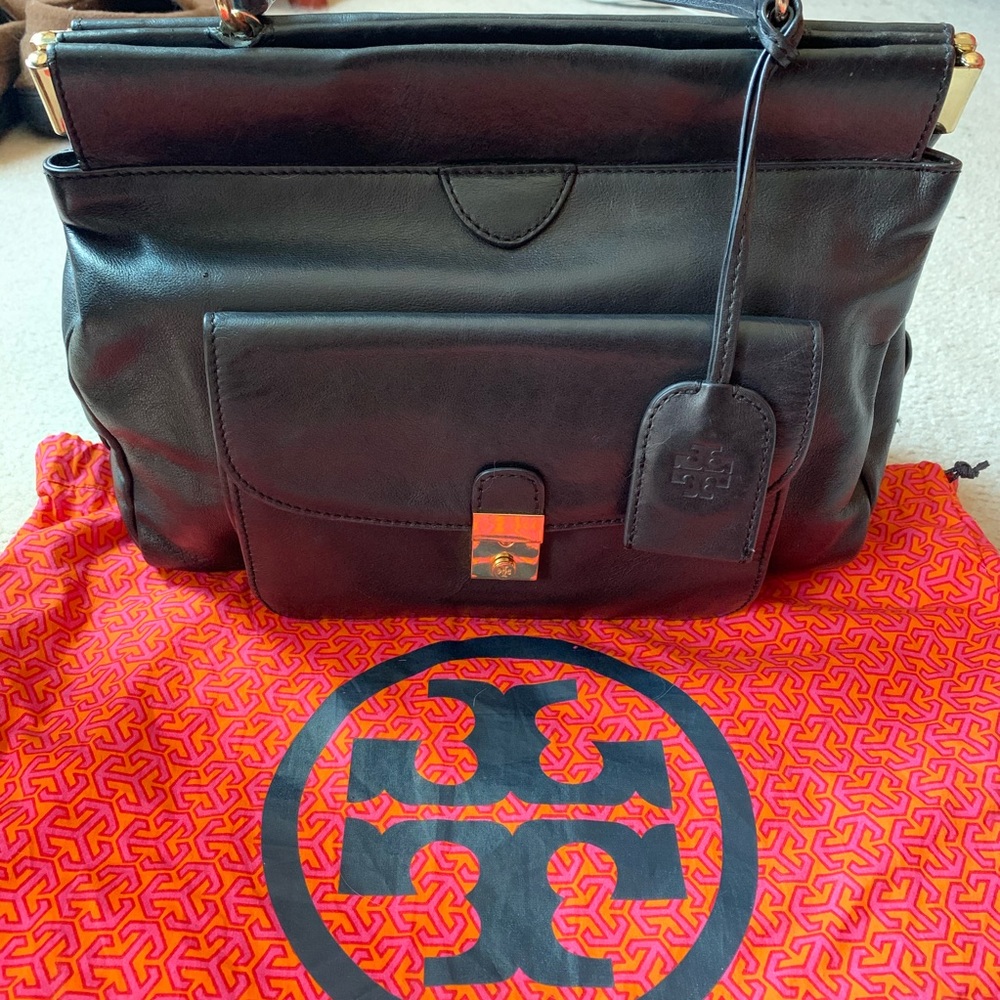 Tory Burch top handle black leather satchel